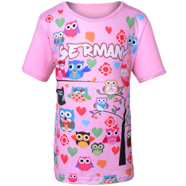 Kinder T-Shirt mit Eulenmotiven, illustriert, viele Farben, Grundfarbe Pink