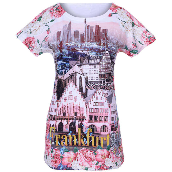 T-Shirt mit Städtemotiv Frankfurt, Erdfarben, blumen und Skyline Illustration