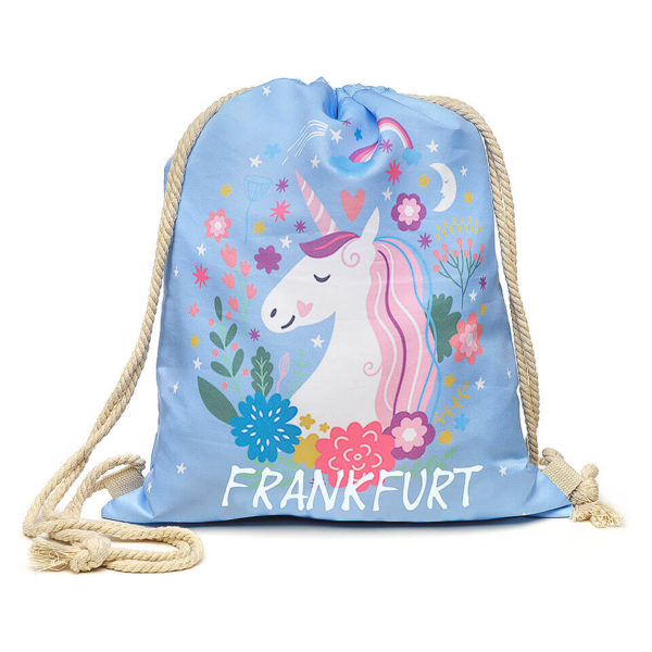 Sportbeutel für Mädchen, Motiv Einhorn | Unicorn – in der Farbe Hellblau und einem Aufdruck «Frankfurt»