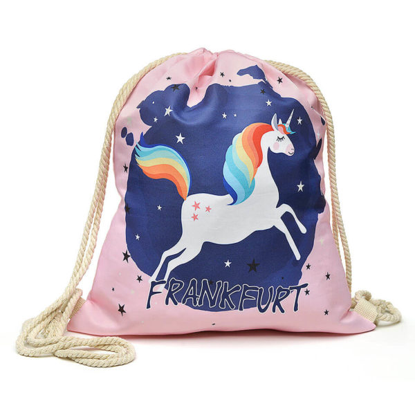 Sportbeutel für Mädchen, Motiv Einhorn | Unicorn – in der Farbe Pink und einem Aufdruck «Frankfurt»