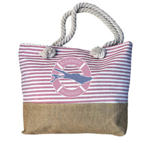 Sommertasche pink-weiss gestreift aus Stoff und Sackleinen mit Motiv Bodensee. Tragehenkel aus Kordel; praktisch mit Reißverschluss
